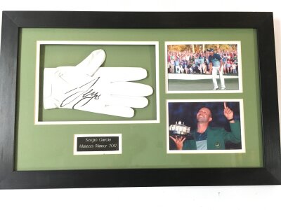 A Framed Sergio Garcia, Masters Winner Of 2017 Signed Golfers Glove. Approx Size 36CM X 57CM.