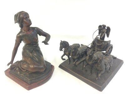 A Franklin Mint Roman Chariot figure and a Joan of Arc spelter figure 19 and 14cm tall