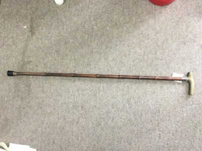 Antique walking stick with hallmarked silver collar, length 34”5” (88cm) made of strong and solid bamboo wood. 88cm long