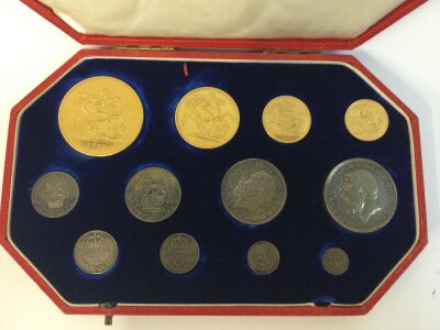 1911 Specimen Coins, Long Gold set 12 coins comprising Five Pounds, Two Pounds, Sovereign, Half Sovereign, Halfcrown, Florin, Shilling, Sixpence and Maundy Set