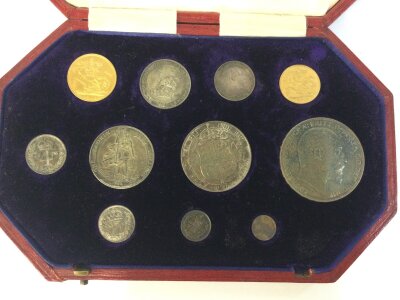 1902 Coronation year, gold Sovereign and Half-Sovereign, silver Crown, Halfcrown, Florin, Shilling, Sixpence and Maundy.
Matt proof specimen set