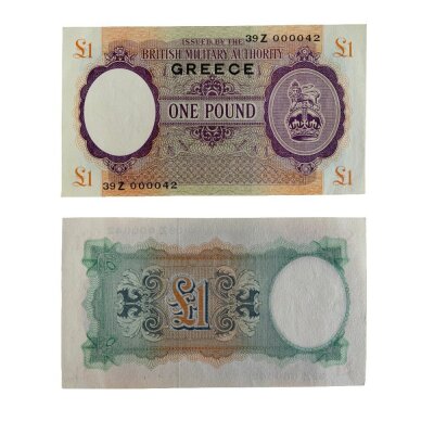 A Extremely rare British military Authority 1943, £1 pound note, previously unrecorded. Overprinted Greece, serial number 39 Z 000042, "GREECE" Overprint Great Britain British Military Authority 1 pound note ND (1943-45). (Estimated 65 Gem Uncirculated). The BMA issue with the "GREECE" overprint is one that all serious military collectors desire. All of the overprinted notes were serial numbered sequentially in the above order and come from the 39Z prefix. This has been owned and stored privately for many years and subsequently passed to the Current vendor as an inherticance. (This is currently in the process of being graded).