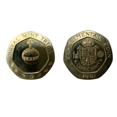 1981 Royal Mint 25p trial piece with seven sides, struck in nickel-brass alloy. Obverse: orb in centre with 'ROYAL MINT TRIAL' above and seven national flower emblems below, including a rose, daffodils, shamrocks and thistles. Reverse: old-style Royal Mint logo with a crowned shield of royal arms flanked by a tiny Tower of London emblem and a Tudor Rose, 'EXPERIMENTAL COIN' above and the date (1981) below. Weight: 5.7g.