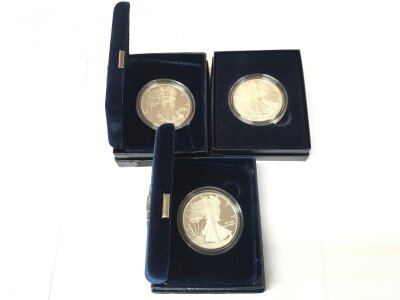 3 Boxed Silver 1Oz American Dollars.