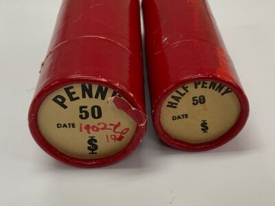 2 bank rolls with various dated pennies and 1/2 pennies