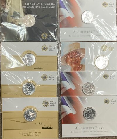 9 Royal Mint issue fine silver £20 coins, together with Royal Mint Issue 2017 50P silver proof coin.