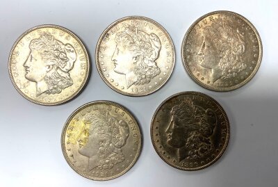 5 American Morgan Dollars. 1921 x 4 (1 Denver mint), 1 x 1896.