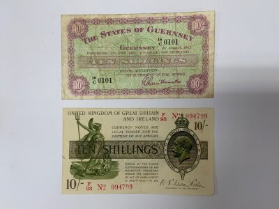 795. United Kingdom of Great Britain and Ireland Fisher second issue ten shillings banknote ‘F98 No.094799 also Guernsey Ten Shillings - 1966 16C 0101.