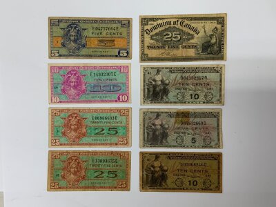 Military Payment Certificates - For Use Only In Unites States Military Establishments By United States Military Personnel In According With Applicable Rules And Regulations, Series 481, 5 Cents/10 Cents x 2, Series 521, 5 Cents/10 Cents/ 25 Cents x 2. Dominion of Canada 25 cents, January 2nd 1900.