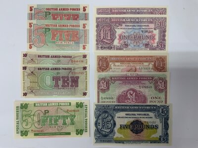 A collection of BAF (British Armed Forces) £1 notes x 5 various designs / £5 Pound note. Also 5 BAF Special vouchers x2 5p, x2 10p, x1 50p.