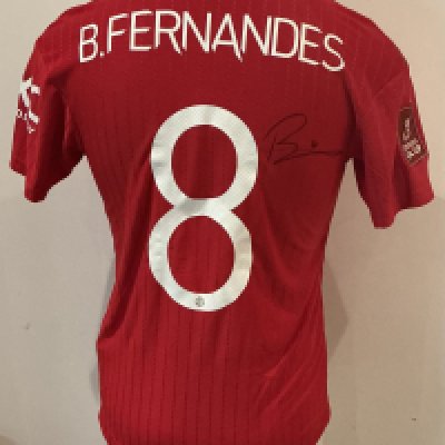 (Day Two 28 Oct 9am) Bruno Fernandes 2022 - 2023 Manchester United Match Worn Football Shirt: Red short sleeve number 8 with B.Fernandes to rear. Emirates FA Cup badging to sleeve. Swapped with Everton player after the match at Old Trafford. Signed to rear by Bruno. Manchester United went on to the final in this competition.