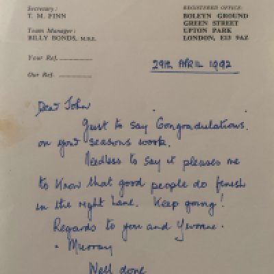 John Lyalls Ipswich Town Football Memorabilia: Includes letters from Martin Cearns and Eddie Chapman from West Hams board congratulating him on his appointment. Signed photos including last match of the season v Brighton with trophy in 1992. Civic reception from Town Hall also signed by Lyall. There are family congratulations cards, ties and other items with his signature including books. Tribute programme from 22 4 2006 which was given to the family which is multi signed. Nice lot.