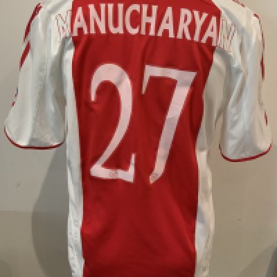 Ajax 2005 Match Worn Champions League Football Shirt: Adidas short sleeve shirt with Manucharyan 27 to rear. Champions League ball badging to one sleeve and Champions League trophy with number 4 to other. Swapped with Arsenal player after match on 27 9 2005 in Amsterdam. Direct from top source who we know.