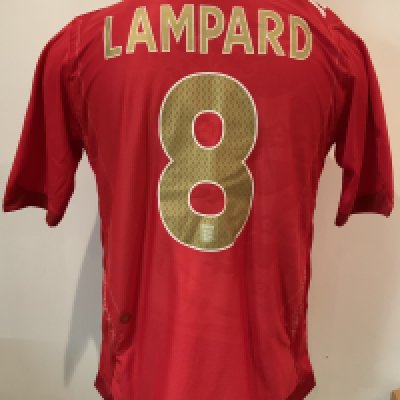 England Lampard 2006 Match Worn Red Football Shirt: Umbro short sleeve shirt with Lampard 8 to rear and no badging to sleeve as was a friendly. Number 8 to front with match details England v Greece 16 08 2006. Lampard scored in 4-0 win at Wembley. Direct from top source who we know.