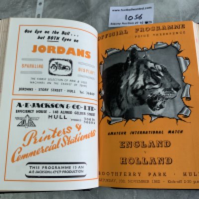 52/53 Hull City Bound Volume Of Football Programmes: Includes England v Holland Amateurs, Dundee, Hibernian, East Fife, Stockholm friendlies and East Riding Cup. League matches complete and in stunning unwritten condition with covers. Blue boards state Hull City AFC Programmes Season 1952-53 to spine.