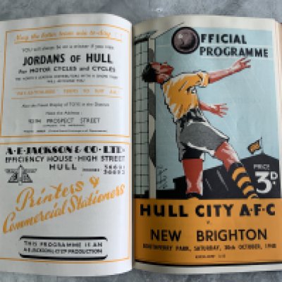 48/49 Hull City Bound Volume Of Football Programmes: Includes Barnsley East Riding Trophy, Reading FA Cup, Yorkshire Boys v Lancashire Boys, England Youth v Ireland with league matches complete and in stunning unwritten condition with covers. Blue boards state Hull City AFC Programmes Season 1948-49 to spine.