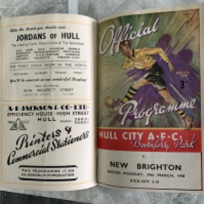 47/48 Hull City Bound Volume Of Football Programmes: Includes Rotterdam, Cheltenham FA Cup with league matches complete and in stunning unwritten condition with covers. Blue boards state Hull City AFC Programmes Season 1947-8 to spine.