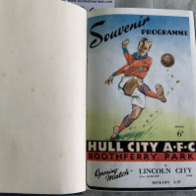 46/47 Hull City Bound Volume Of Football Programmes: Includes first match after the war in the League v Lincoln, Hull City Boys v Leicester Boys, Fulham friendly, Blackburn FA Cup, Bolton Disaster Fund. Complete in stunning unwritten condition with covers. Blue boards state Hull City AFC Programmes Season 1946-7 to spine.