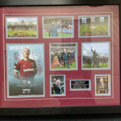 Billy Bonds Ground Opening West Ham Signed Framed Montage: Stunning 29 x 24 inch framed display of Billy Bonds featuring moments before the match when Bonds and his family came onto the pitch in 2019 when the Billy Bonds stand opened at the new stadium. A card headed Billy Bonds stand is signed by Bonds and comes with COA. Expensively framed with some heart warming photos of the great man.