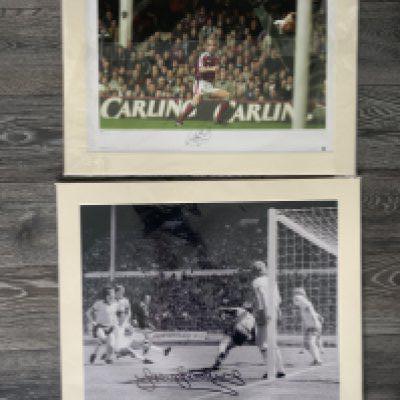 West Ham Famous Moments Signed Mounted Prints: Very large mounted framed prints. Black and white 27 x 24 inch print of Brooking scoring in the 1980 FA Cup Final. C/W colour 26 x 19 inch Big Blue Tube print of Di Canio scoring goal of the season at Upton Park. (2)