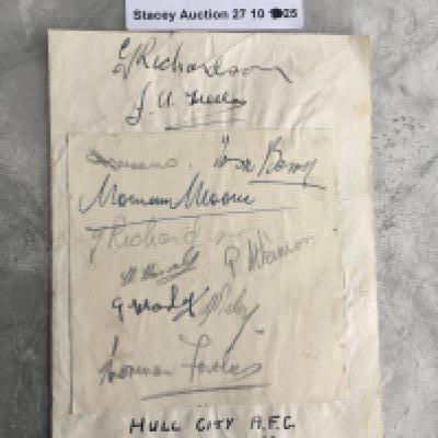 Hull City Football Autographs: 10 autographs from 47/48 stuck down to autograph page. C/W on 3 pages removed from autograph book 18 autographs in light pencil on a page headed 1924 Hull v South Shields. Autographs we checked were South Shields players.