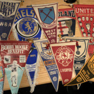 Football Pennants Collection: Includes 1966 England World Cup Winners, 1967 Celtic European Champions, 1968 Manchester United European Winners (2 different), Bobby Moore testimonial, Romford Southern League Champions 66/67 plus Wolves Tottenham and Liverpool. Late 60s and early 70s. (13)