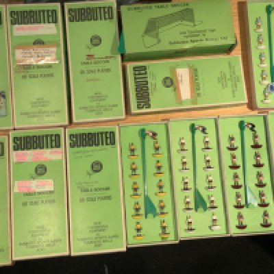 Subbuteo Football Memorabilia: 9 excellent condition boxed teams including Brazil Celtic West Ham Manchester United Leeds and Chelsea. Match timer, 2 pitches, World Cup trophy, European trophy, Half times scoreboard, balls, goals and other boxed accessories. C/W Wembley board game.