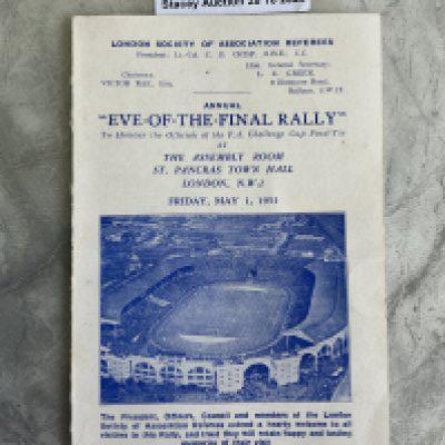 1953 FA Cup Final Eve Of Rally Football Programme: 4 page card for the famous Bolton v Blackpool Great Stans final. Eve of the final rally is an annual event attended by the referee and linesmen in London the night before the final. Excellent.