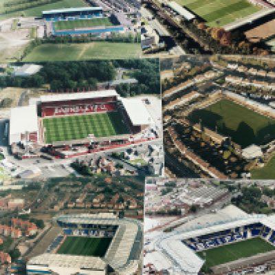 Football Grounds Aerial Photos: 16 x 12 colour photos for teams A-D which would look great in a man cave or to have in a football quiz. When taken these would have been Englands top 4 divisions clubs with the odd Scottish club. Includes Aldershot Barnet Barnsley Birmingham Bradford City Bury Cambridge Utd Carlisle Chelsea Chester Crewe Darlington Derby Baseball + Pride Park Doncaster and both Dundees. Top quality large photos. (20)