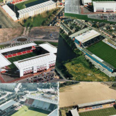 Football Grounds Aerial Photos: 16 x 12 colour photos for teams O-S which would look great in a man cave or to have in a football quiz. When taken these would have been Englands top 4 divisions clubs with the odd Scottish club. Includes Oldham Oxford Peterborough Plymouth Portsmouth QPR Rangers Rochdale Rushden Scunthorpe Sheff Wed Southampton Dell + St Marys St Johnstone St Mirren Stockport Stoke and Swindon. Top quality large photos. (20)