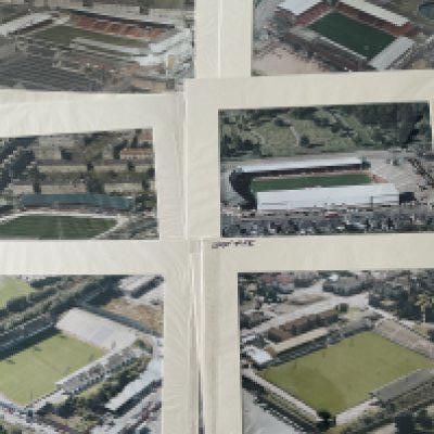 Scottish Football Grounds Mounted Aerial Photos: 16 x 12 colour photos for teams which would look great in a man cave or to have in a football quiz. Includes Aberdeen Dundee Dundee Utd East Fife Morton Dunfermline Falkirk and Rangers. Top quality large photos. (8)