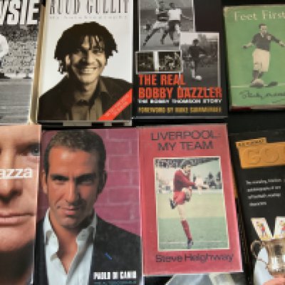 Signed Football Books: Steve Heighway Liverpool My Team, Di Canio, Gascoigne, Greaves, Gullit, Gould, Bobby Thompson all undedicated plus Matthews stuck in. Good. (8)