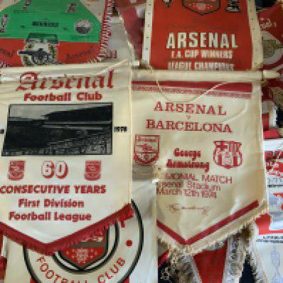Arsenal Pennants + Rosettes: Superb collection not to be missed. Nice pennants include 1974 Armstrong Testimonial, Double Winners 70/71, Fairs Cup Winners, Cup Final 78, 60 consecutive years 1978 in top fight and many more. (17) C/W 27 rosettes including cup finals throughout the 70s.