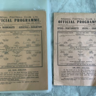 Arsenal 40/41 Home Football Programmes: Good condition single sheets. Includes League matches v Fulham Northampton, London War Cup v Clapton Orient Watford West Ham Tottenham and League War cup v Leicester West Ham and Tottenham. Some have team changes. Rare chance. (9)