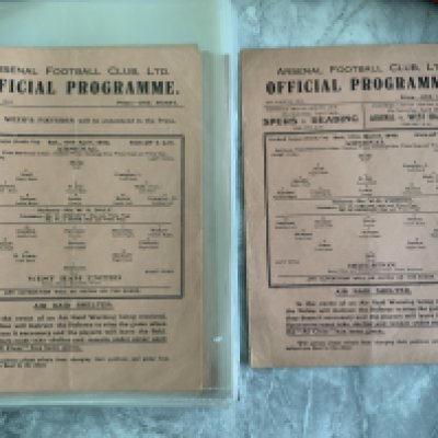 Arsenal 42/43 Complete Home Football Programmes: Single sheets to include League matches v Southampton Luton Brentford Reading QPR Charlton Millwall Chelsea Portsmouth Fulham Clapton Orient Crystal Palace Tottenham Aldershot and Cup v Watford Brighton West Ham. 4 have punch holes and some have team changes but mainly good. (17)