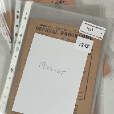 Arsenal 44/45 Complete Home Football Programmes: Single sheets to include League matches v Aldershot QPR Brighton West Ham Charlton Watford Luton Tottenham Brentford Southampton Millwall Fulham Crystal Palace Reading Chelsea and Cup v Clapton Orient Reading Portsmouth. Some have team changes a couple are poor but mainly good. (18)
