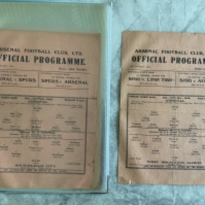 Arsenal 45/46 Complete Home Football Programmes: Single sheets to include League matches v Coventry Luton Aston Villa Swansea Charlton Fulham Plymouth Dynamo Moscow (friendly) official and pirate Portsmouth Notts Forest Newport Wolves West Brom Birmingham Tottenham Chelsea Millwall Southampton Leicester Derby Brentford West Ham and FA Cup v West Ham. Some have team changes but mainly good. (24)