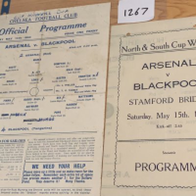 1943 Arsenal v Blackpool Final At Stamford Bridge Football Programmes: North and South Cup Winners match dated 15 May 1943. Both programmes have team changes, with the pirate having punch holes. Fair. (2)