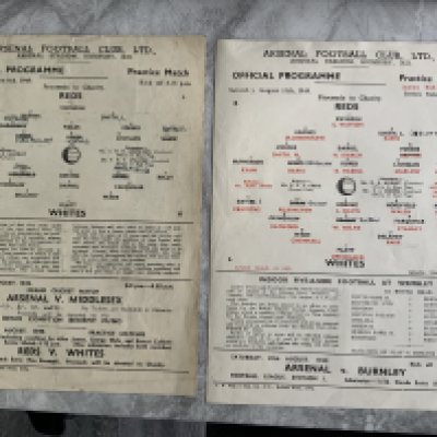1949 Arsenal Practice Match Football Programmes: 6 8 1949 with folding and 13 8 1949. Both good with team changes. (2)