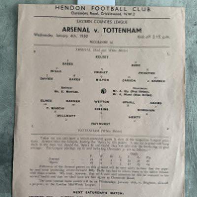 49/50 Arsenal v Tottenham ECL Football Programme: Pink single sheet played at Hendon dated 4 1 1950. In very good condition with folding but no team changes.