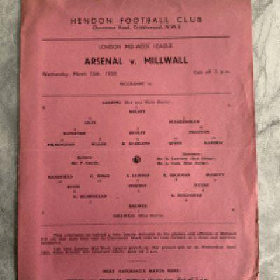 49/50 Arsenal v Millwall LMWL Football Programme: Pink single sheet for match played at Hendon dated 15 3 1950. In excellent condition with no team changes.