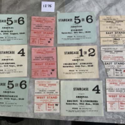 49/50 Arsenal Home Football Tickets: 20 different tickets which are mainly league matches but include all 4 tickets in the FA Cup winning season. Excellent condition with both the smaller seat tickets and the larger standing tickets. Sunderland has a piece missing and Derby has been previously stuck down. Very rare chance. No duplication. (20)