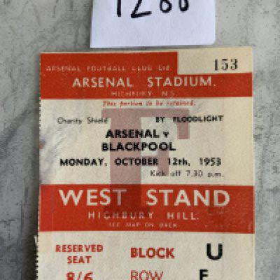 1953 Charity Shield Football Ticket: Arsenal v Blackpool played at Highbury. Good condition with scuff to rear where previously laid down.