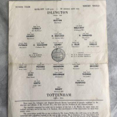 55/56 Islington Schools v Tottenham At Arsenal Football Programme: Gardner Cup one side for the primary team with the rear having the same fixture for the Morris Shield which is the senior team. Single sheet with no team changes either side. Tear on centre fold. Rare item.