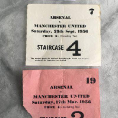 1950s Arsenal v Manchester United Football Tickets: 55/56 with piece off of corner for entry and 56/57. Both good played at Highbury with folding. (2)