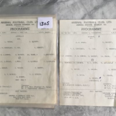 56/57 Arsenal Home LMWL Football Programmes: Large single sheets v West Ham Portsmouth Crystal Palace Chelsea Charlton and Tottenham. Some have team changes and most have score written. Very good. (6)