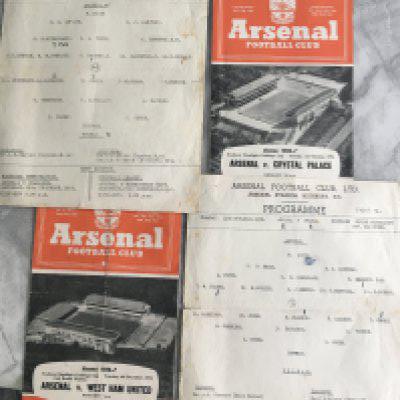 56/57 Arsenal Home SFC Football Programmes: Large single sheets v Fulham dated 13/11 and 11/12 replay plus standard Arsenal programmes for Crystal Palace and West Ham. Overall fair. (4)