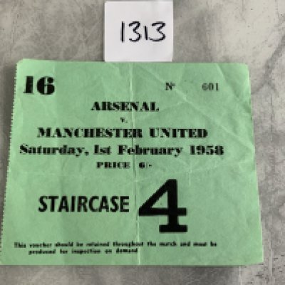 57/58 Arsenal v Manchester United (Munich) Football Ticket: Incredibly rare ticket and famous for two reasons including being the last game the Busby Babes played in England and the best match ever played at Highbury which ended in a 5-4 Man Utd win. Good condition with fold.