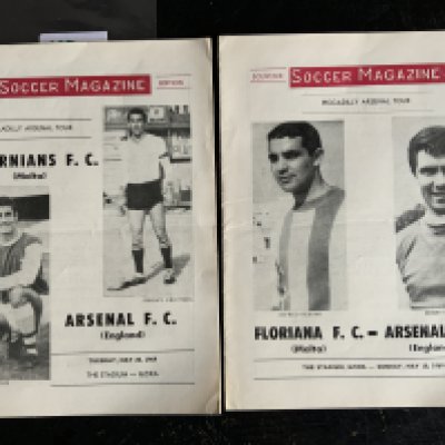 68/69 Arsenal Maltese Tour Football Programmes: Away programmes at Floriana and Hibernians both played in May 1969. Very good with no writing. (2)