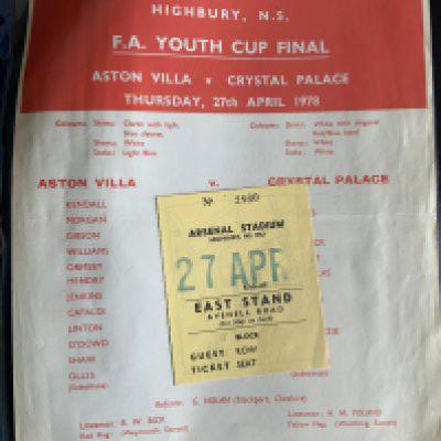 Arsenal 77/78 Reserves + Youth Football Programmes: Probable complete set of Football Combination sheets plus a Youth Cup final Aston Villa v Crystal Palace with ticket, SJFC, Youth Cup, FA Cup SF with ticket.